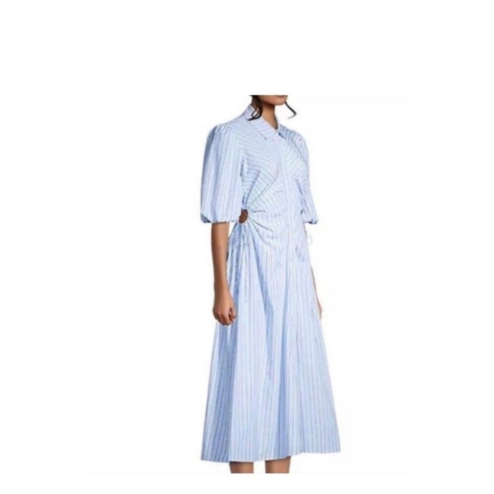 Bardot Blue White Striped Nautical Button Up Cut Out Side Midi Shirt Dress 4 - Picture 2 of 13
